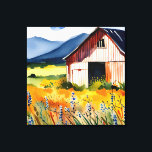 Toile Rustique aquarelle Barre Champ de fleurs<br><div class="desc">Ce design est doté d'une aquarelle et d'une grange rustique et d'un terrain fleuri,  situés face aux montagnes bleues. Créé par Simply Farmhouse Press.</div>