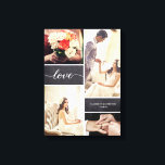 Toile Rustique Mariage Photo Collage Love script<br><div class="desc">Customisez cette toile enveloppée de photo avec jusqu'à quatre de vos clichés mariages préférés du meilleur jour. Les blocs d'arrière - plan en damier ajoutent une touche rustique et le script d'amour avec son style manuscrit moderne est élégant et classique. Personnalisez avec vos noms et votre date spéciale de mariage....</div>