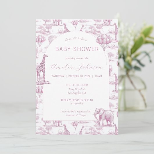 Toile Safari Pink Baby Shower Invitation Animal (Debout devant)
