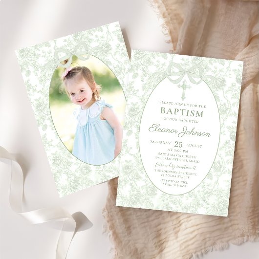 Toile Sage Green Bow Baptême Photo Invitation