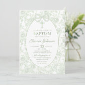 Toile Sage Green Bow Baptême Photo Invitation (Debout devant)