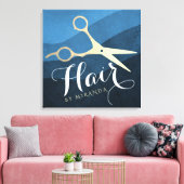 Toile Salon des cheveux Coiffeuse Ciseaux bleu et or mod (Insitu(Salon))