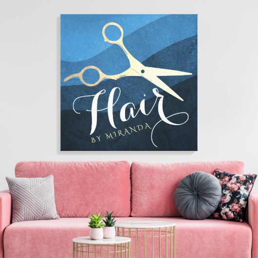Toile Salon des cheveux Coiffeuse Ciseaux bleu et or mod (Insitu(Salon))