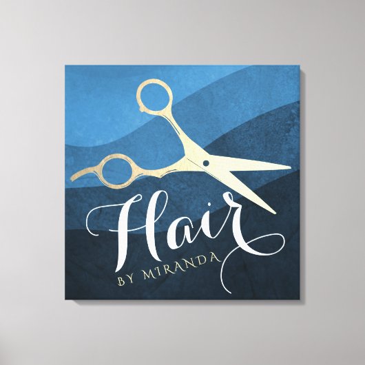 Toile Salon des cheveux Coiffeuse Ciseaux bleu et or mod (Recto)
