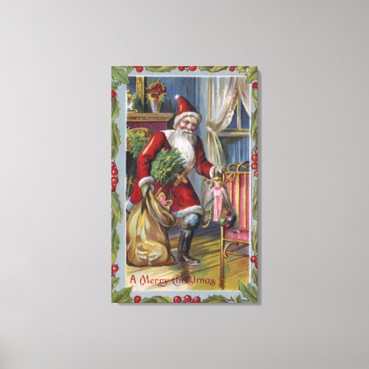 Toile Salutation de NoëlPère Noël avec cadeauxHolly (Recto)