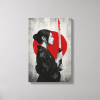 Samurai femme avec Katana devant le soleil rouge