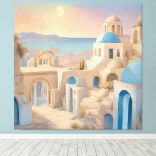 Toile Santorin rêveuse Grèce aquarelle - Dôme bleu