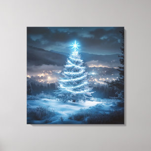 Toile Sapin de Noël de nuit d'hiver lumineux bleu
