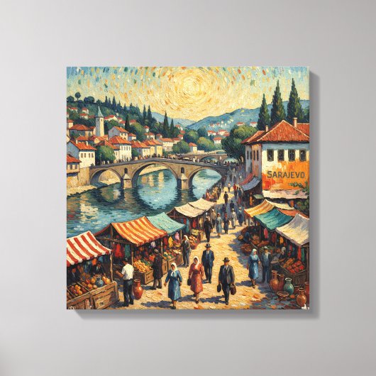Toile Sarajevo Riverside Bazaar Scene Canvas Art (Recto)