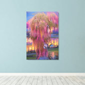 Toile Saule rose au coucher du soleil près de l'étang (Insitu (Plancher de Bois))