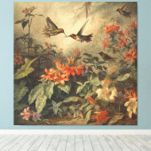 Toile Scène botanique vintage d'hummingbirdet de fleurs (Insitu (Plancher de Bois))