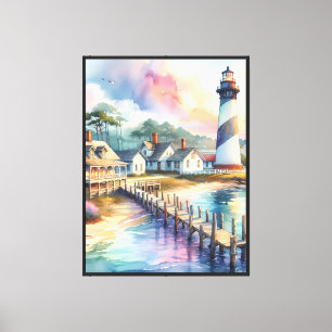 Toile Scène de phare côtier et cottages de plage