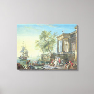 Toile Scène de port avec le coucher de soleil (huile su