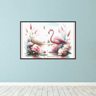 Toile Scène florale de flamant rose dans un étang pastel