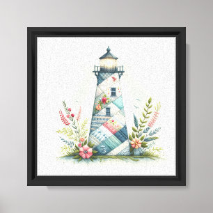 Toile Scène florale de phare en patchwork côtier