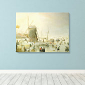 Toile Scène hivernale avec patineurs par un moulin à ven (Insitu (Plancher de Bois))