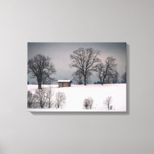 Toile Scène hivernale, colline et arbres, cabane