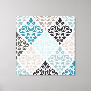 Toile Scroll Damask Big Motif Teals Browns White