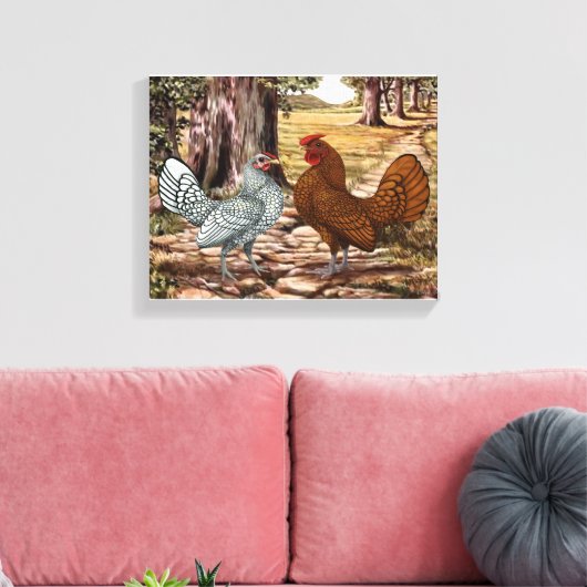 Toile Sebright Hen et coq dans un cadre en bois (Insitu(Salon))