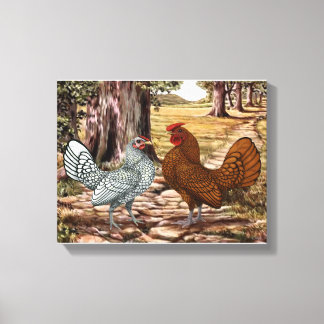 Toile Sebright Hen et coq dans un cadre en bois