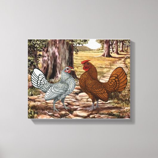 Toile Sebright Hen et coq dans un cadre en bois (Recto)