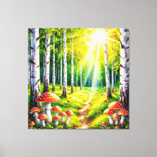 Toile Sentier forestier serein avec des bouleaux ensolei