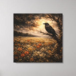 Toile Sentinelle de la Prairie : Corbeau Orageux & Fleur