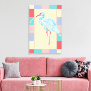 Toile Serene Ibis Bird Coastal Pastel À damiers Design