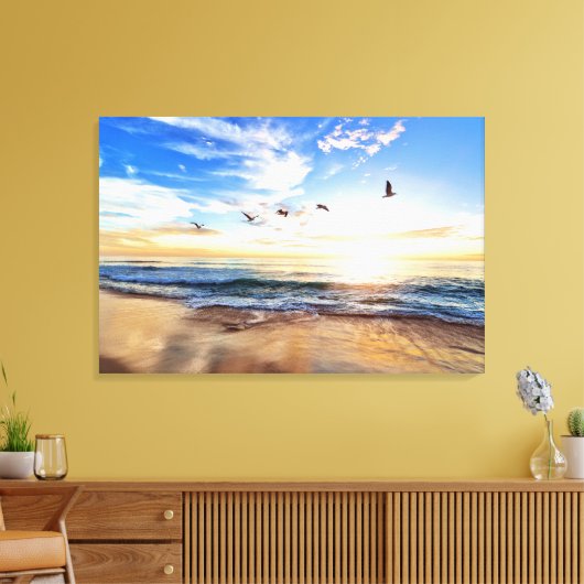 Toile Serene Ocean Sunrise Birds Blue Sky Golden Shore (Insitu(Salon))