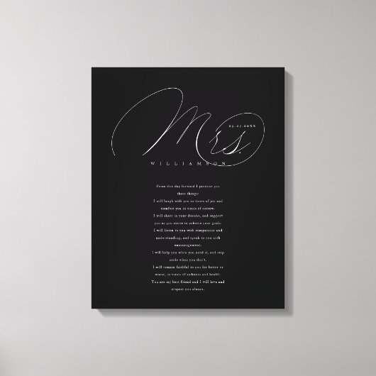 Toile Ses Vows Élégant Mme Newlyweds Mariage Vows Black (Recto)