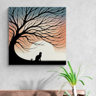 Toile Silhouette de Chat Noir Arbre Gnarly dans le Solei