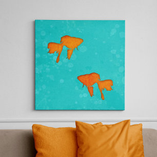 Toile Silhouettes orange de poisson rouge en eau turquoi