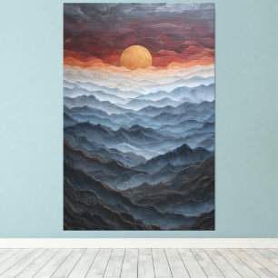 Toile Soleil doré sur des chaînes de montagnes bleues, p