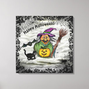Toile Sorcière, Chat, Chauve-souris et Citrouille, Bonne
