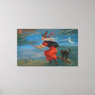 Toile Sorcière d'Halloween Volant Chat Noir la Nuit