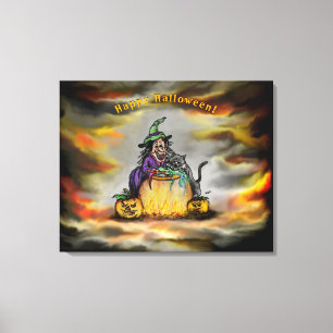 Toile Sorcière et chat noir, Happy Halloween !