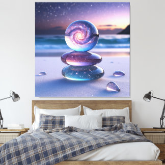 Toile Sphère de verre et galets sur une plage sereine