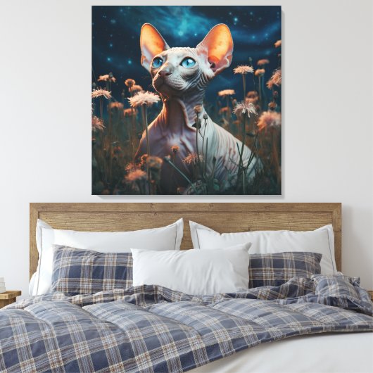 Toile Sphynx Cat Gazing Sky – Vibrant Floral Art (Insitu(Chambre))