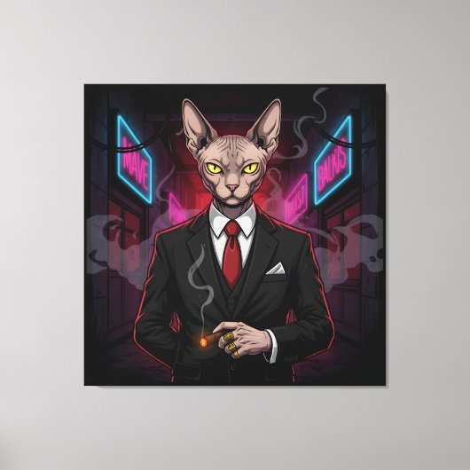 Toile Sphynx Mafia Cat in Neon Noir Style (Recto)