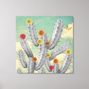 Toile Spiky Cactus Flowers Collage Art