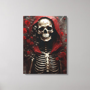 Toile Squelette dans un cap rouge avec fleurs