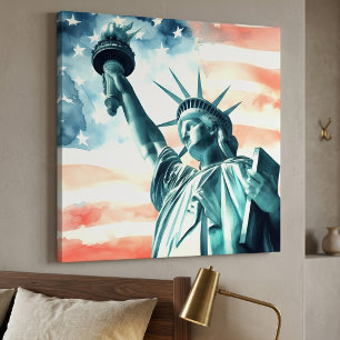 Toile Statue de la Liberté à l'aquarelle avec drapeau am
