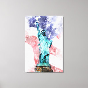 Toile Statue de la Liberté avec drapeau aquarelle