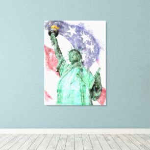 Toile Statue de la Liberté closeup avec drapeau aquarell