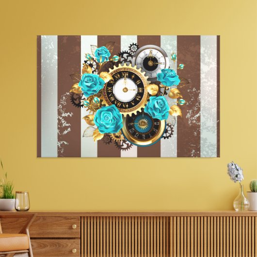Toile Steampunk Clock and Turquoise Roses on Striped (Insitu(Salon))