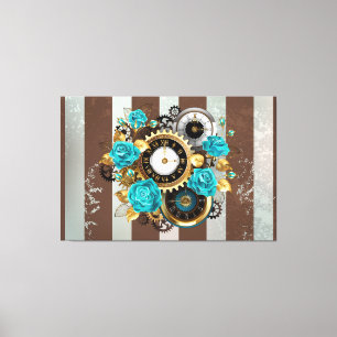 Toile Steampunk Clock and Turquoise Roses on Striped