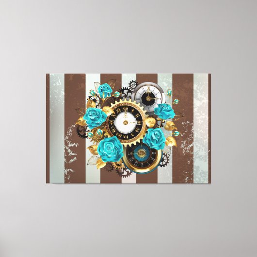 Toile Steampunk Clock and Turquoise Roses on Striped (Recto)