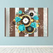 Toile Steampunk Clock and Turquoise Roses on Striped (Insitu (Plancher de Bois))