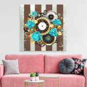 Toile Steampunk Clock and Turquoise Roses on Striped (Insitu(Salon))