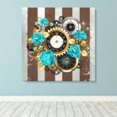 Toile Steampunk Clock and Turquoise Roses on Striped (Insitu (Plancher de Bois))